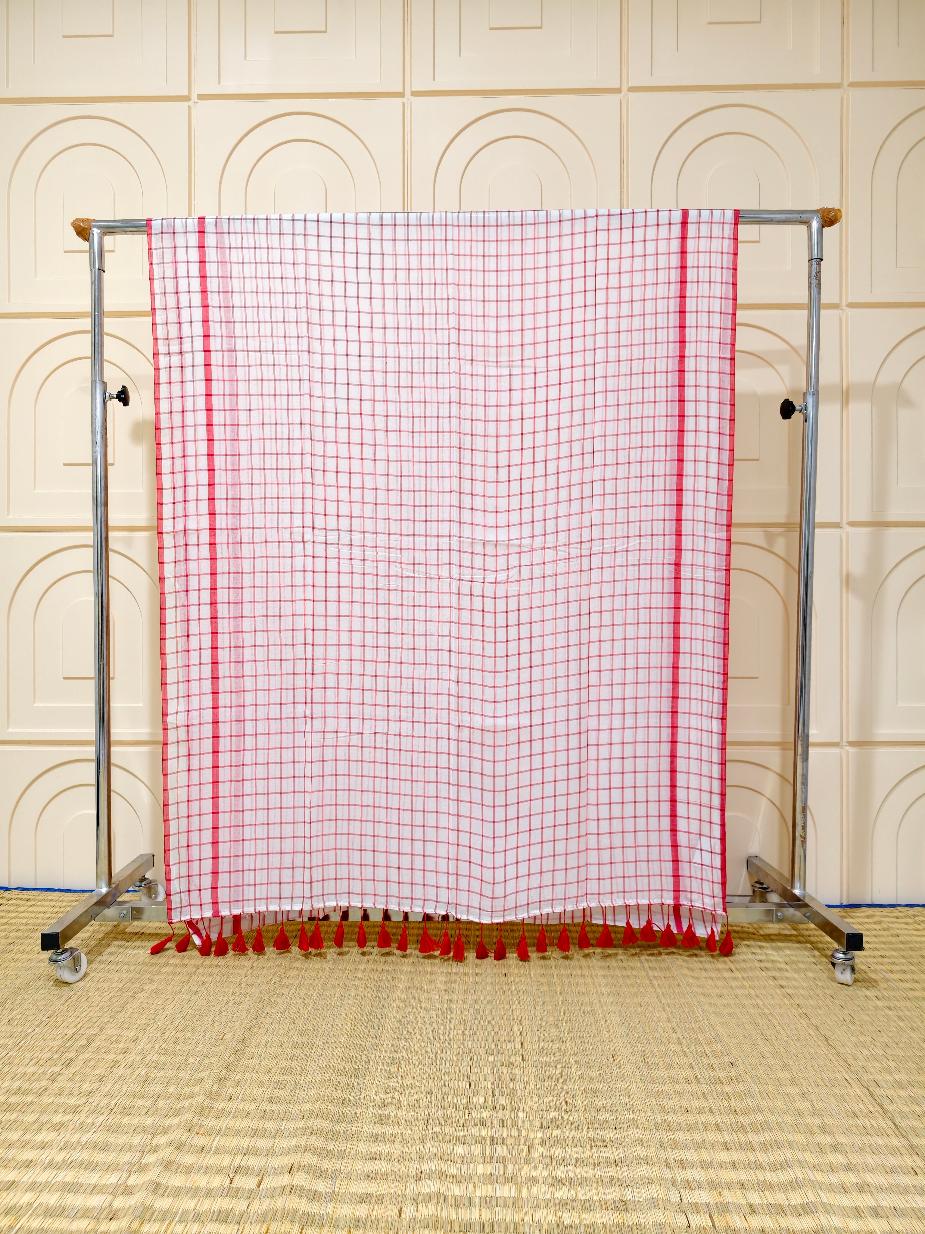 Premium red and white checks saree