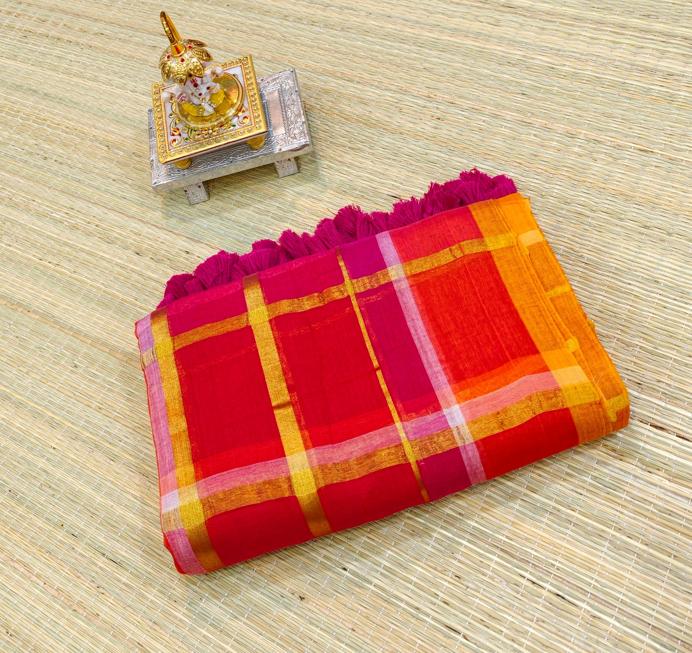 Premium multi big zari checks mul cotton saree PMK51